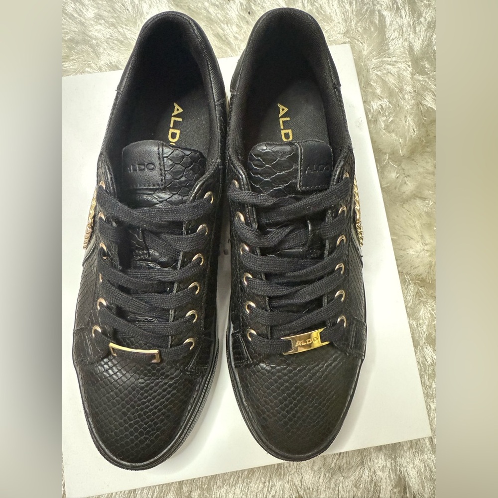Aldo Black Sneakers with Textured Snakeskin and Gold Details